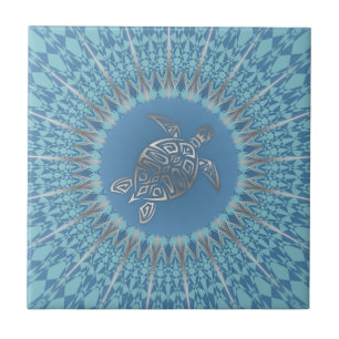"Silver Turtle Radiance" Tropical Mandala Fliese