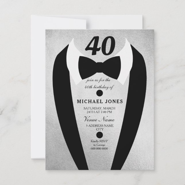 Silver Tuxedo Mens 40. Geburtstag Party Einladung (Vorderseite)