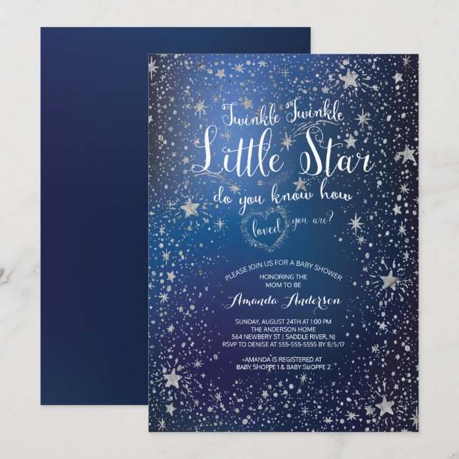 Silver Twinkle Little Star Baby Dusche Einladung (Vorne/Hinten)