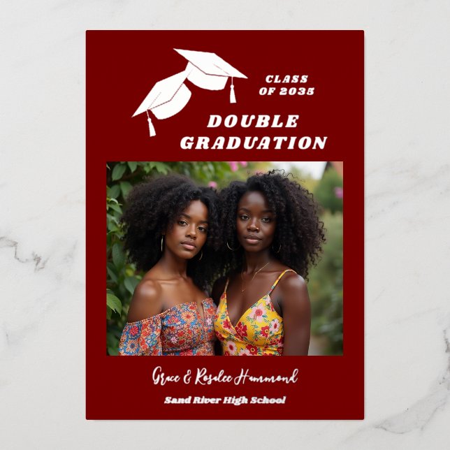 Silver Two Brothers Double Graduation Dark Red Folieneinladung (Vorderseite)