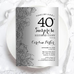 Silver Überraschung 40. Geburtstag Party Einladung<br><div class="desc">Silver Überraschung 40. Geburtstag Party Einladung. Glam feminin Design mit Imitaten silberne Folie,  botanischen Akzenten und Typografie Drehbuch Schriftart. Einfache florale Einladungskarte perfekt für eine stilvolle weibliche Überraschung am Tag. Kann für jedes Alter angepasst werden. Gedruckte Zazzle Einladungen oder Sofortdownload digitalen druckbaren Vorlage.</div>