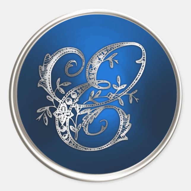 Silver und Blue Monogram E Umschlag Aufkleber (Vorderseite)