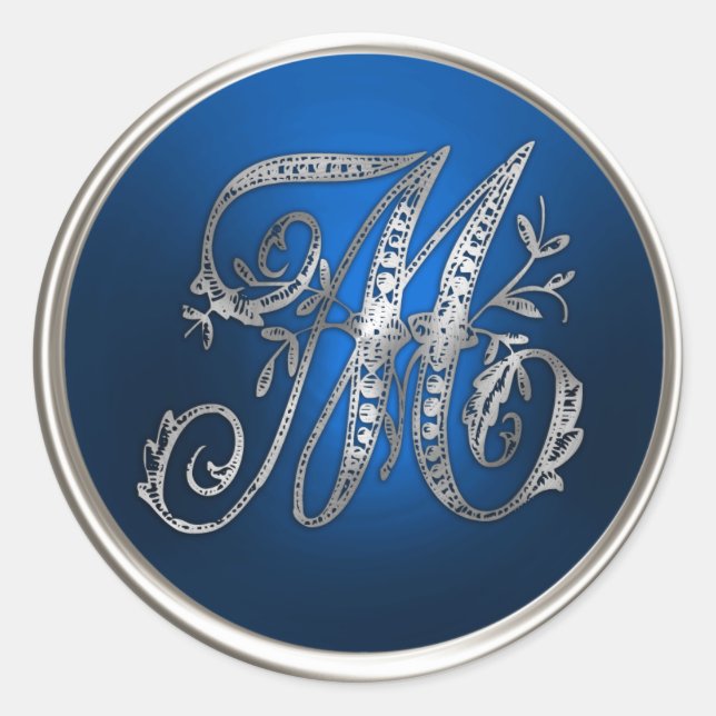 Silver und Blue Monogram M Umschlag Aufkleber (Vorderseite)