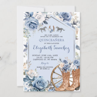 Silver und Dusty Blue Western Charra Quinceañera Einladung