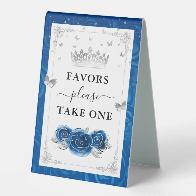 Silver und Royal Blue Rose Foto Template Favoriten Tischaufsteller (Vorderseite)