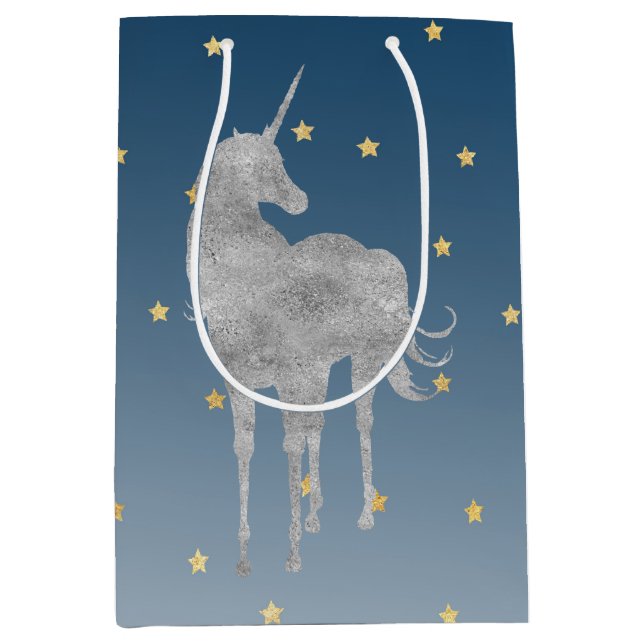 Silver Unicorn Gold Stars Mittlere Geschenktüte (Vorderseite)