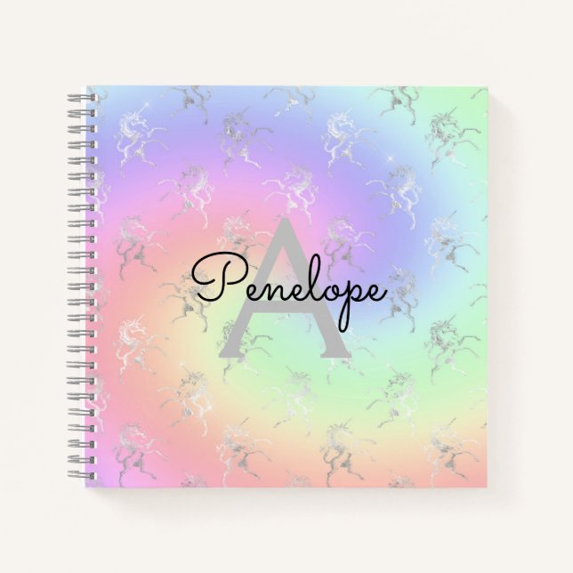 Silver Unicorn Pastel Ombre Monogram Sketchbook Notizbuch (Vorderseite)