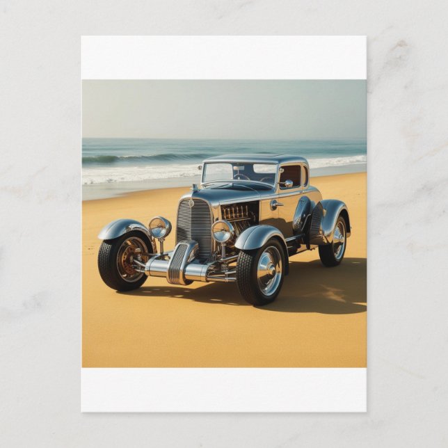 Silver Vintage Auto am Strand Postkarte (Vorderseite)