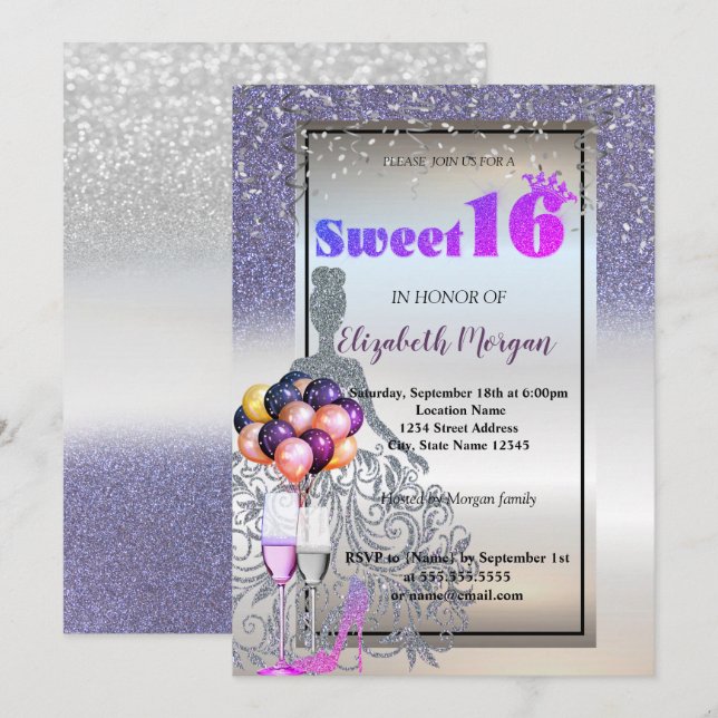 Silver Violet Glitzer Dress, Glass Sweet 16 Party Einladung (Vorne/Hinten)