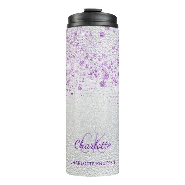 Silver violet Glitzer Monogramm Initialen Thermosbecher (Vorderseite)
