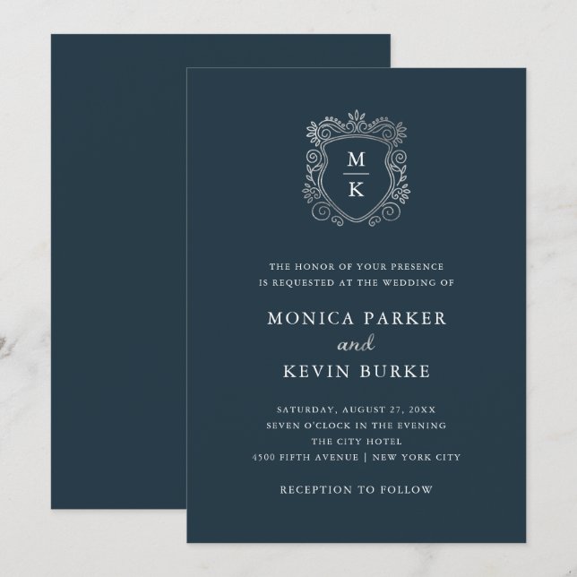 Silver Wappen | Elegant Midnight Blue Wedding Einladung (Vorne/Hinten)