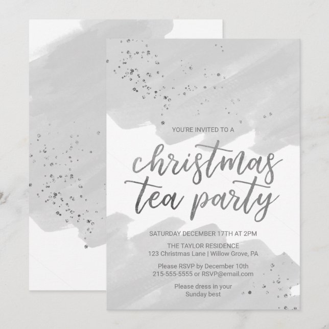 Silver Watercolor Christmas Tee Party Einladung (Vorne/Hinten)