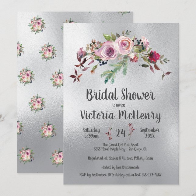 Silver Watercolor Floral Frosty Rose Brautparty Einladung (Vorne/Hinten)