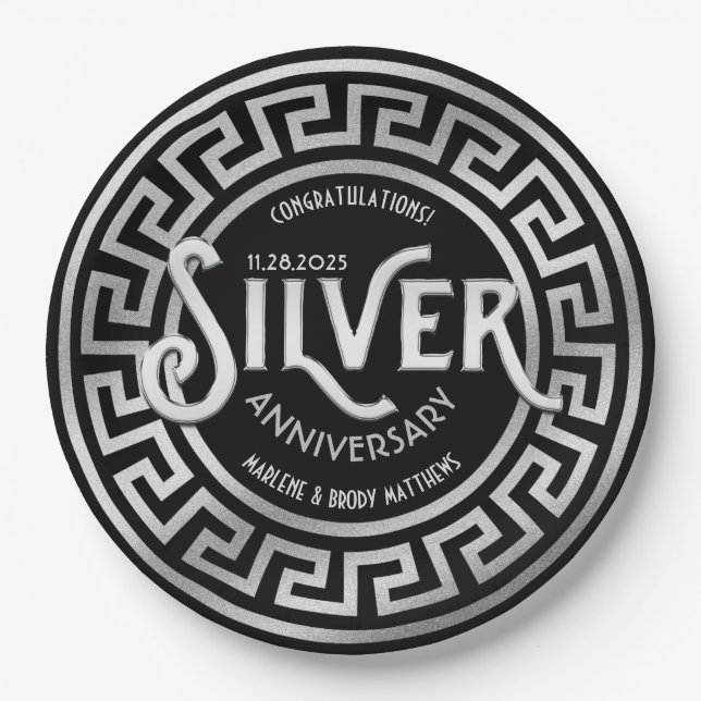 Silver Wedding Anniversary Art Deco 25. Glitzer Pappteller (Vorderseite)
