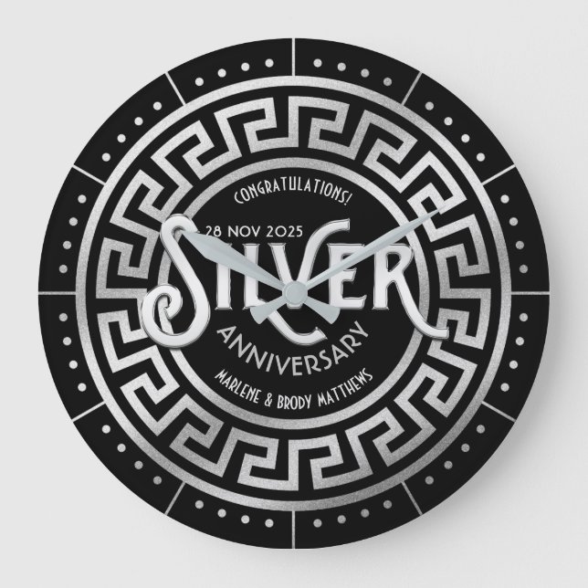 Silver Wedding Jubiläum 25. Art Déco Glitzer Große Wanduhr (Vorderseite)