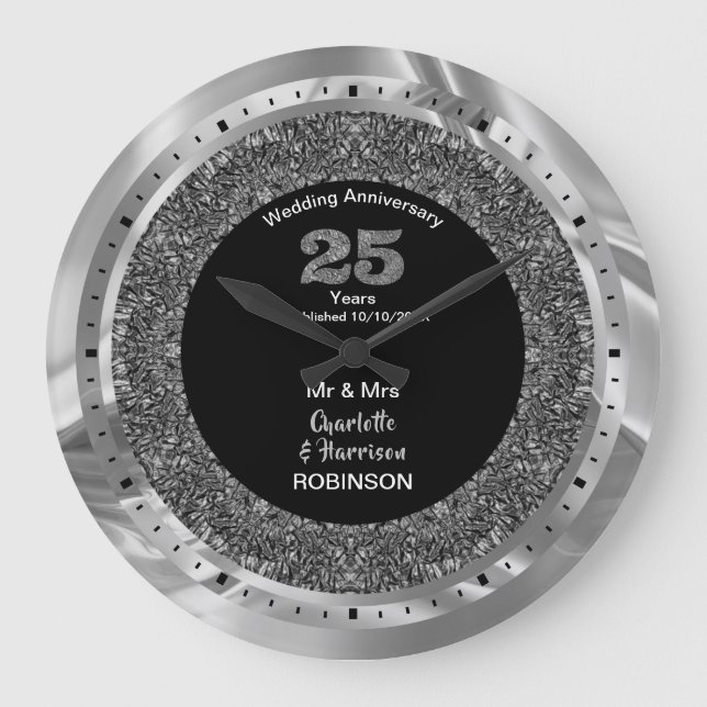 Silver Wedding Jubiläum 25 Jahre Personalisiert Große Wanduhr (Vorderseite)