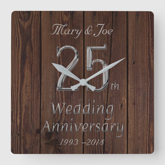 Silver Wedding Jubiläum 25. Jubiläum Rustic Quadratische Wanduhr (Vorderseite)