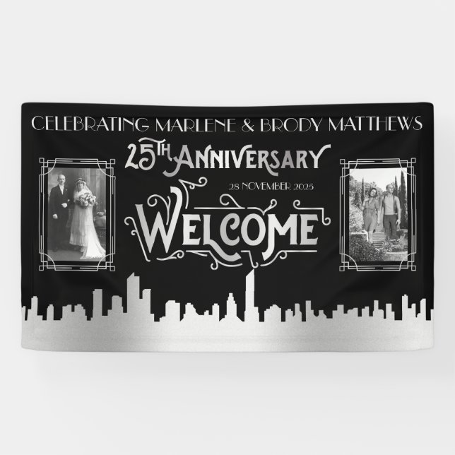 Silver Wedding Jubiläum Art Déco Fotos Willkommen Banner (Horizontal)