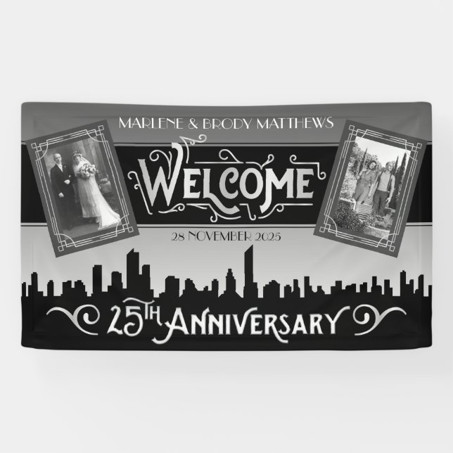 Silver Wedding Jubiläum Art Déco Fotos Willkommen Banner (Horizontal)