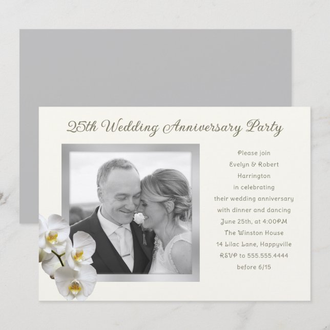Silver Wedding Jubiläum Orchids Fotovorlage Einladung (Vorne/Hinten)