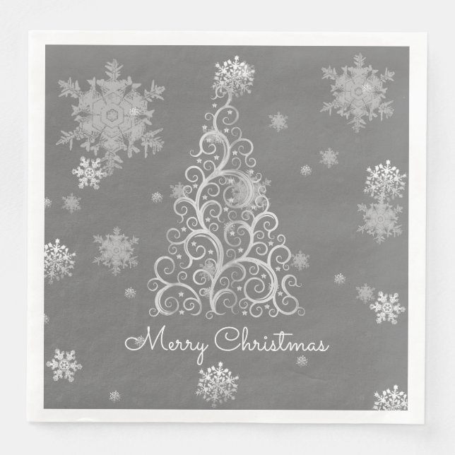 Silver Weihnachtsbaum und Schneeflocken Papier Nap Serviette (Vorderseite)
