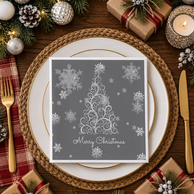 Silver Weihnachtsbaum und Schneeflocken Papier Nap Serviette (Silver Christmas Tree and Snowflakes Paper Napkins)