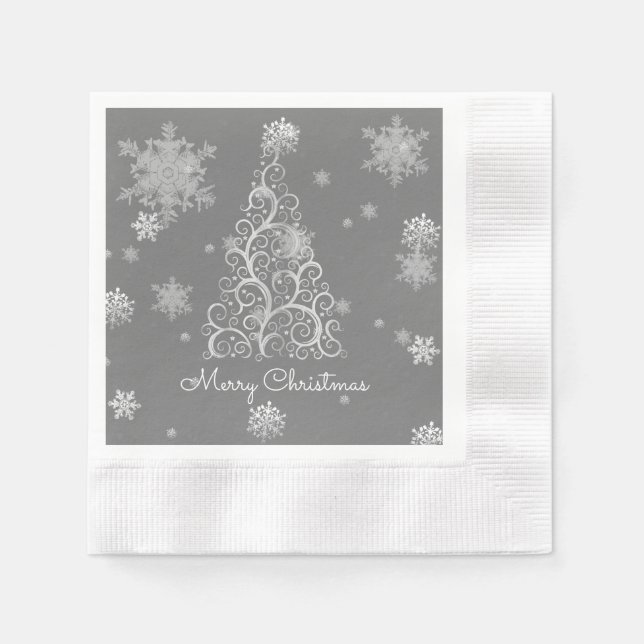 Silver Weihnachtsbaum und Schneeflocken Papier Nap Serviette (Vorderseite)