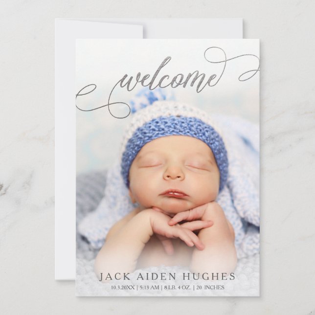 Silver Welcome Baby Birth Announcement Foto Cards Ankündigung (Vorderseite)