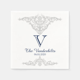 Silver White and Navy Damask Wedkin Napkin Serviette