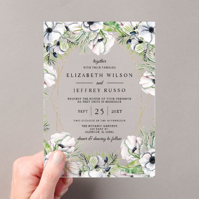 Silver White Anemone Gold Geometric Wedding Acryleinladungen (Insitu (Handheld))