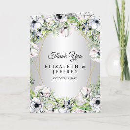 Silver White Anemone Gold Geometric Wedding Dankeskarte