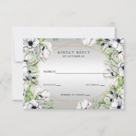 Silver White Anemone Gold Geometric Wedding RSVP Karte