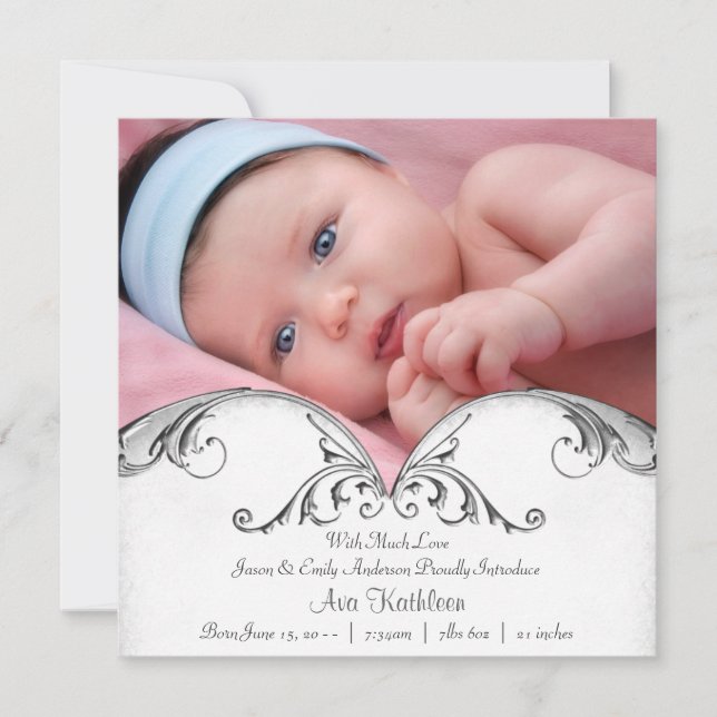 Silver White Baby Girl Foto Geburtserklärung Ankündigung (Vorderseite)