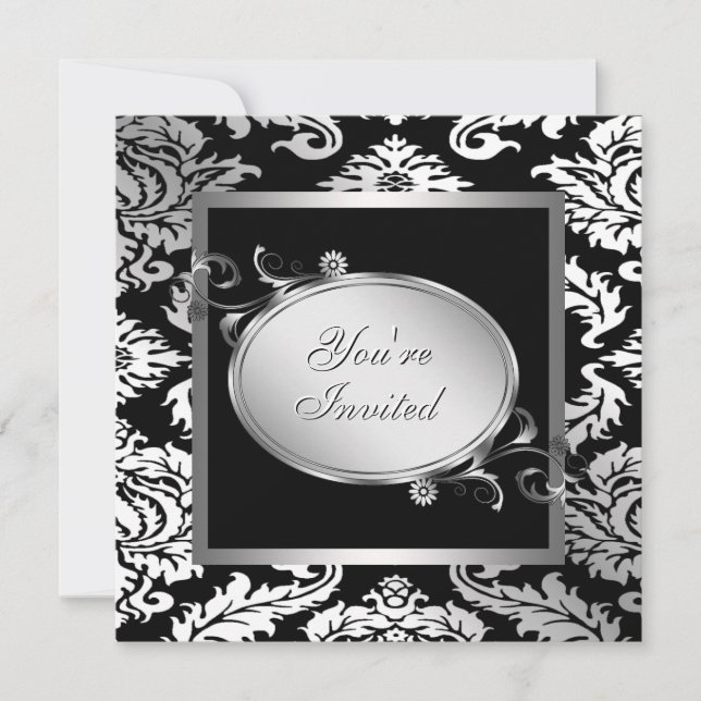 Silver White Black Damask Party Einladung (Vorderseite)