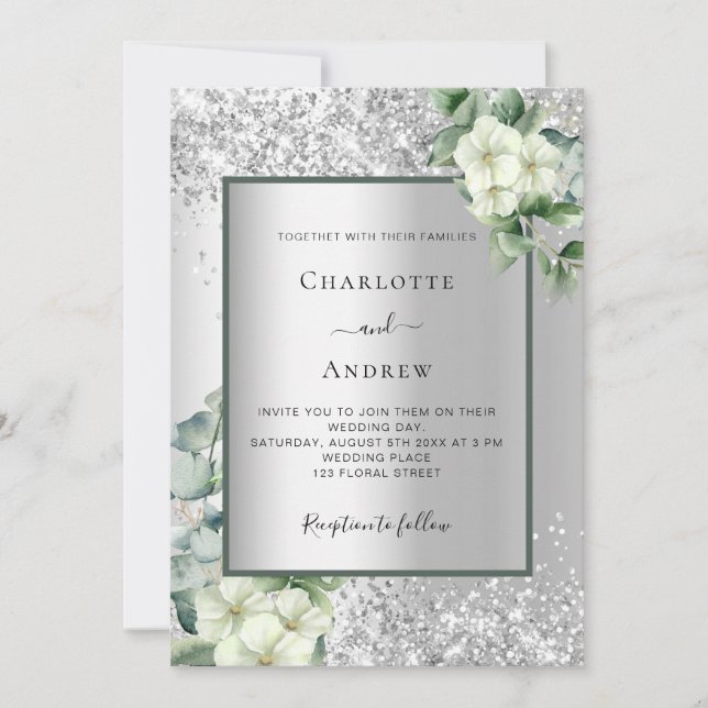 Silver White Bloral eucalyptus elegante Hochzeit Einladung (Vorderseite)