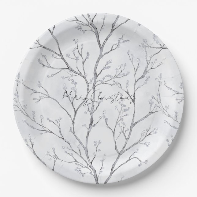 Silver White Christmas Winter Trees Pappteller (Vorderseite)