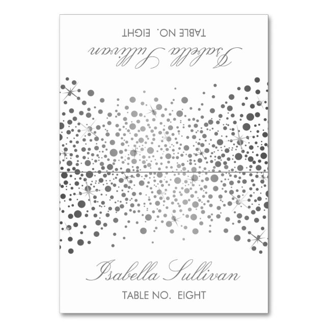 Silver & White Confetti Dots | Name Platzkarten Tischnummer (Vorderseite)