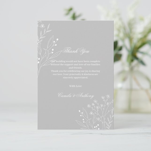 Silver White Corner Floral Boho Wedding Dankeskarte (Stehend Vorderseite)