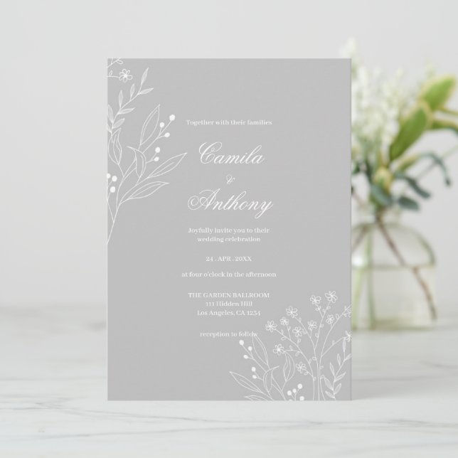 Silver White Corner Floral Boho Wedding Einladung (Stehend Vorderseite)
