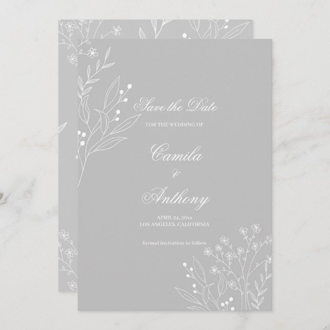 Silver White Corner Floral Boho Wedding Einladung (Vorne/Hinten)