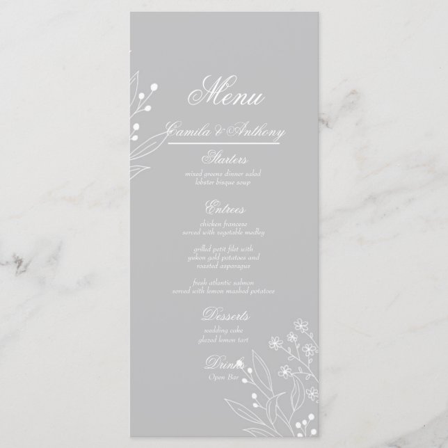 Silver White Corner Floral Boho Wedding Menükarte (Vorderseite)