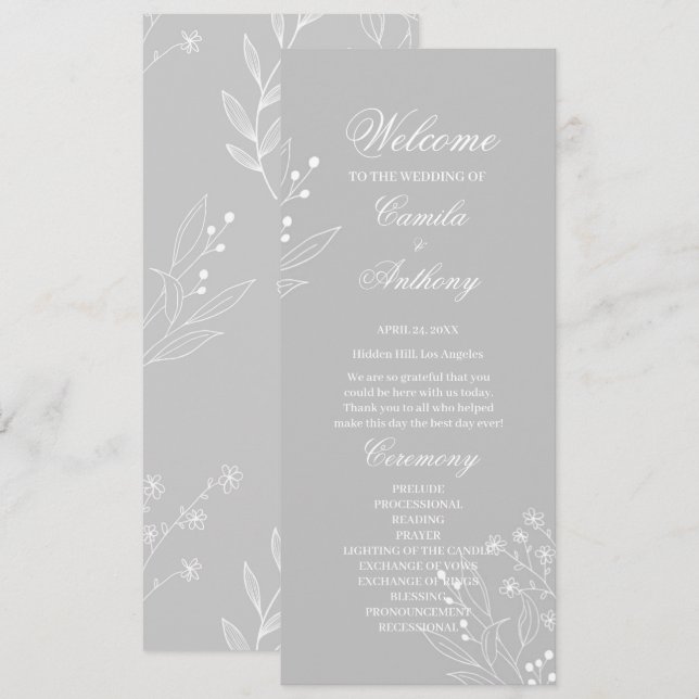 Silver White Corner Floral Boho Wedding Programm (Vorne/Hinten)