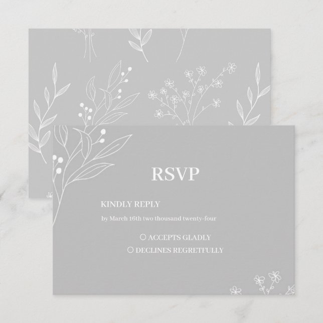 Silver White Corner Floral Boho Wedding RSVP Karte (Vorne/Hinten)