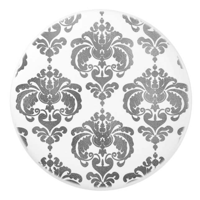 Silver & White Damask Eleganter Kleiderschrank Keramikknauf (Vorderseite)