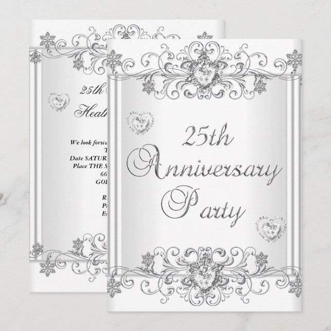 Silver White Diamond Hearts 25 Jahre alt 2 Einladung (Vorne/Hinten)