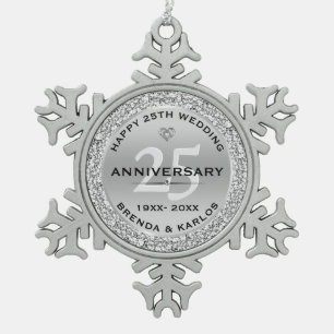 Silver & White Diamonds 25. Hochzeitstag Schneeflocken Zinn-Ornament