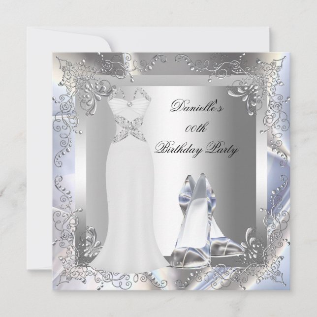 Silver White Dress High Heel Shoes Silver Birthday Einladung (Vorderseite)