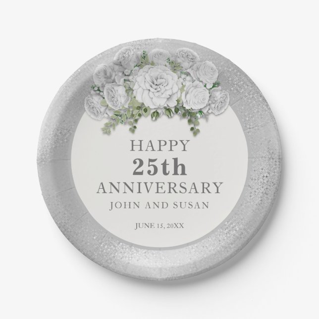 Silver White Floral 25. Hochzeitstag Pappteller (Vorderseite)