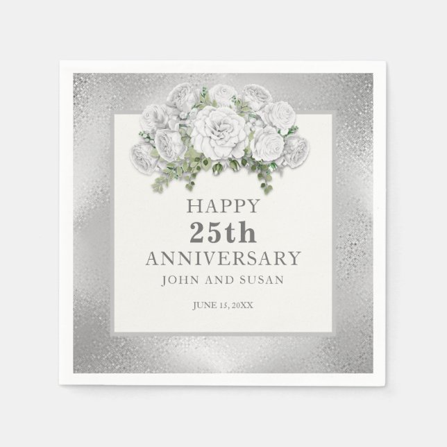 Silver White Floral 25. Hochzeitstag Serviette (Vorderseite)