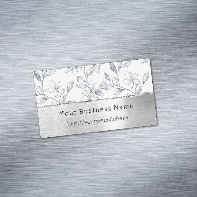 Silver White Floral Business name website Magnetische Visitenkarte (Beispiel)